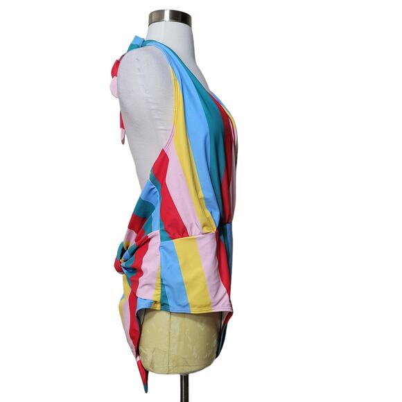 Shein Multicolor Lowcut One Piece Stripe Knot Swimsuit Adjustable Size 16 - Picture 4 of 8